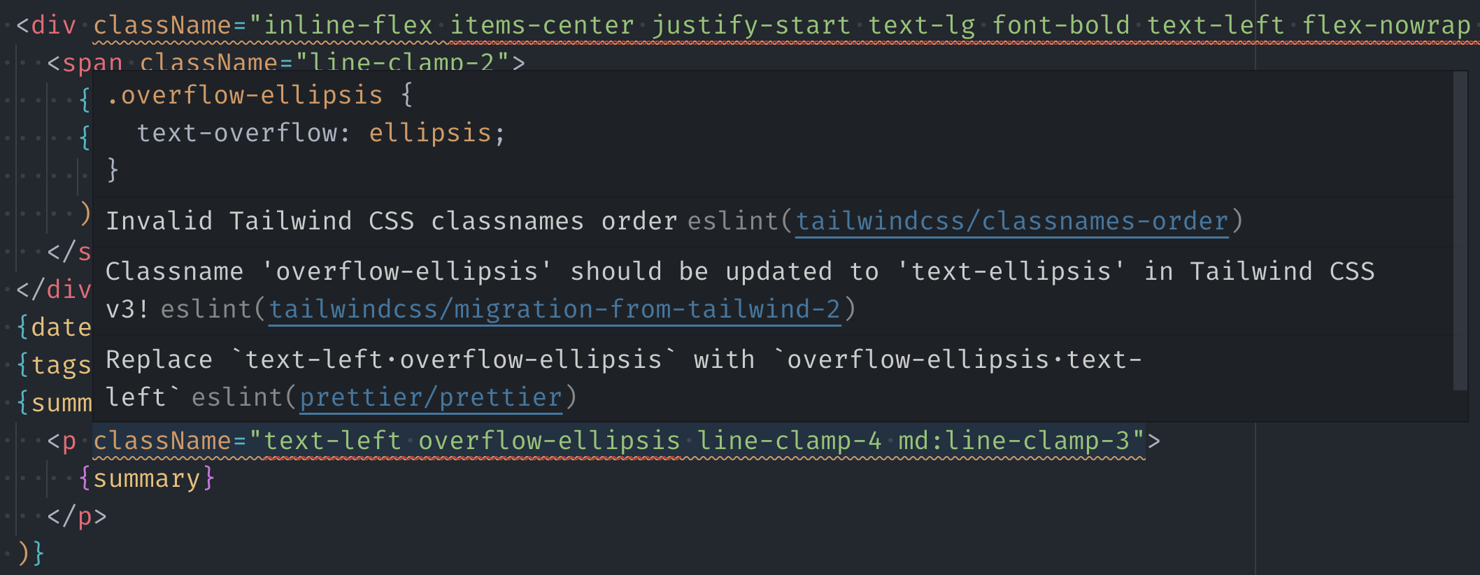 Example of issues identified by ESLint Tailwind plugin